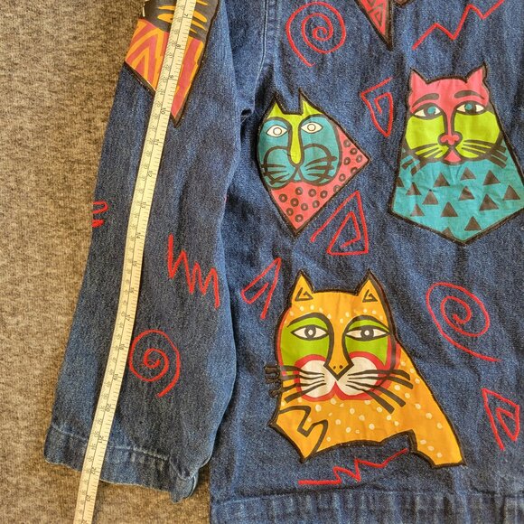 Vintage Cotton Denim Jacket w/ Custom Cat Applique Embroidery Sz M - Picture 9 of 10
